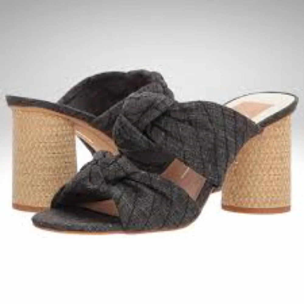 Dolce Vita Black Woven Knot Slide Sandals with Natural Rattan Heel